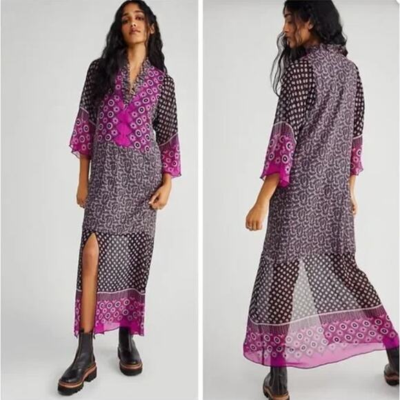 Free People Anna Sui 100% Silk Black Lattice Dress Tumbling Pines Kaftan S NWT - Picture 12 of 13